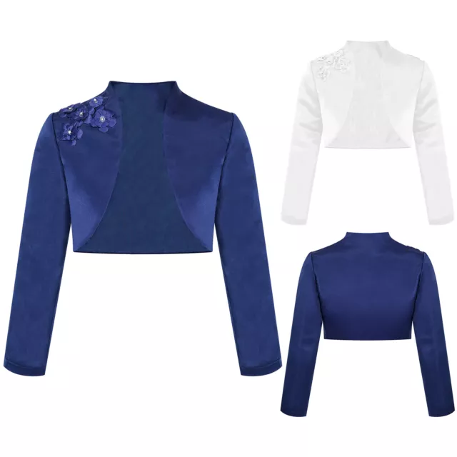Girls Long Sleeve Open Front Satin Bolero Cardigan Wedding Dress Cover Up Jacket