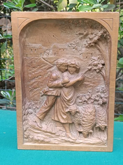 Ancien Bas Relief En Bois De Noyer Massif XIXeme Couple Bergers Bois Sculpté
