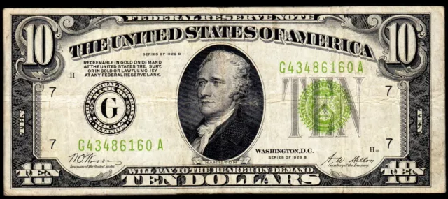 1928B Chicago $10 "Gold on Demand" LGS Light Green Seal Federal Reserve Note VF