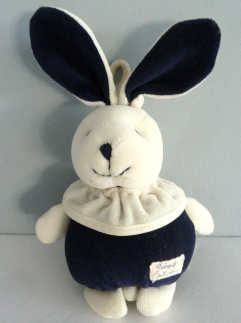 X5. DOUDOU BOULE MUSICAL TIAMO LAPIN bleu marine blanc col 22cm Musique ok TTB