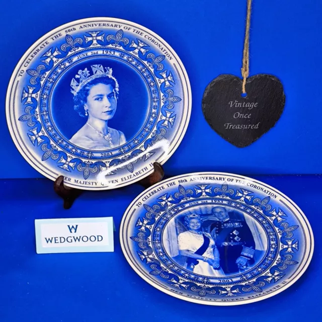 QUEEN ELIZABETH  II * 50th Anniversary Coronation * 2 x WEDGWOOD PLATES * BNIB