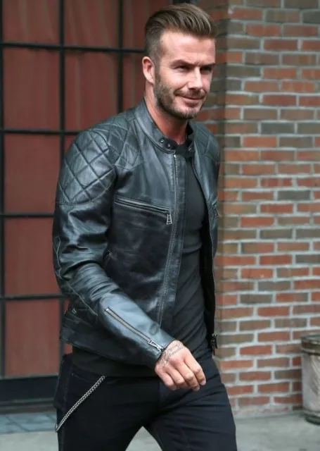 Mens Black David Beckham Real Leather Jacket Biker Vintage Slim Fit Genuine New