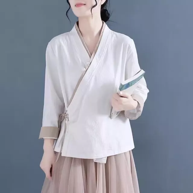 Women Ethnic Chinese Style Blouse Jacket Hanfu Tops V Neck Shirt Retro Clothing
