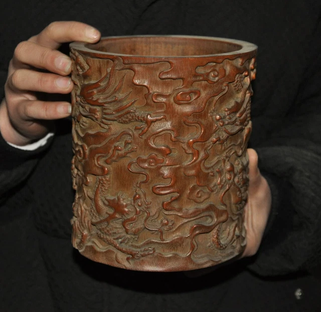6.4" China bamboo root wood auspicious dragon loong statue brush pot pencil vase