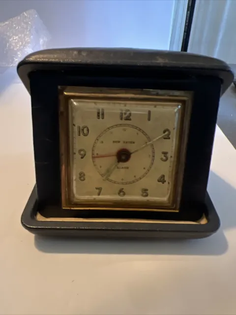 Old Vintage Antique New Haven Folding Travel Alarm Clock Leather Case