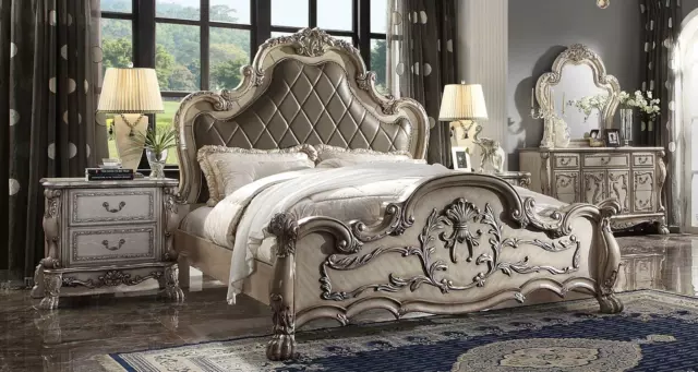 Baroque Lit 2x Table de Chevet 3 Parties Chambre Ensemble Design Luxe à Coucher