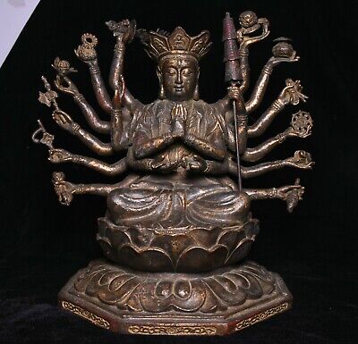 11.4"Old China Buddha Bronze Gilt 1000 Arms Avalokiteshvara of Goddess Statue