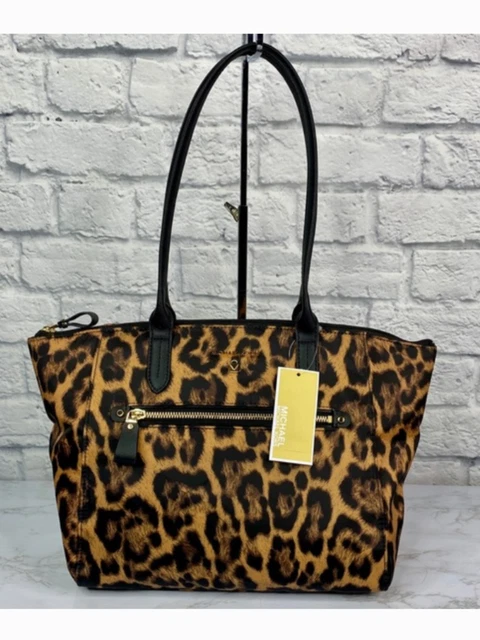 MICHAEL KORS MK Nylon Kelsey MD TZ Tote Bag Leopard Brown Black