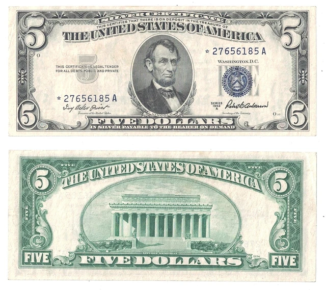1953-A $5 Silver Certificate Star Note Fr 1656* XF #6185