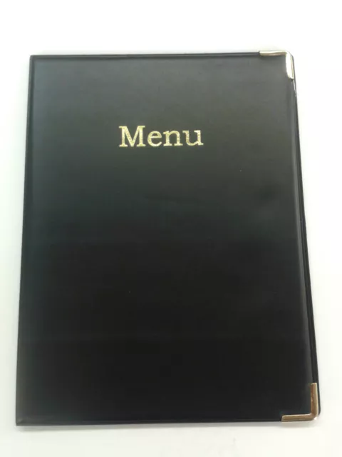 QTY 10  A5 MENU FOLDERS IN BLACK LEATHER LOOK PVC WITH GUILT CORNERS + 4 pockets