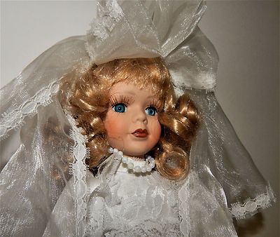 Wedding Bride Doll White Lace Dress Pearls Blonde Hair Blue Eyes Porcelain Doll