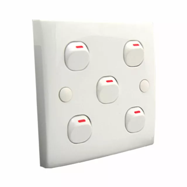 White Square 5 Gang Button Light Switch Unit Wall Plate