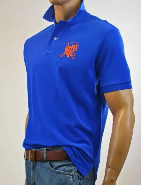 Ralph Lauren Classic Fit Royal Blue Mesh Polo Shirt Orange RL Mallet Crest-