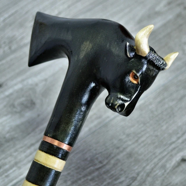 Bastone da passeggio in canna Legno intagliato a mano - Bull Ax / UK