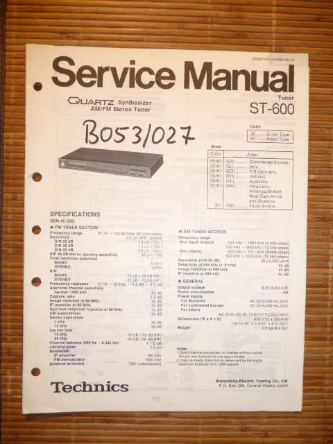 Service Manual for Technics ST-600 Tuner, Original