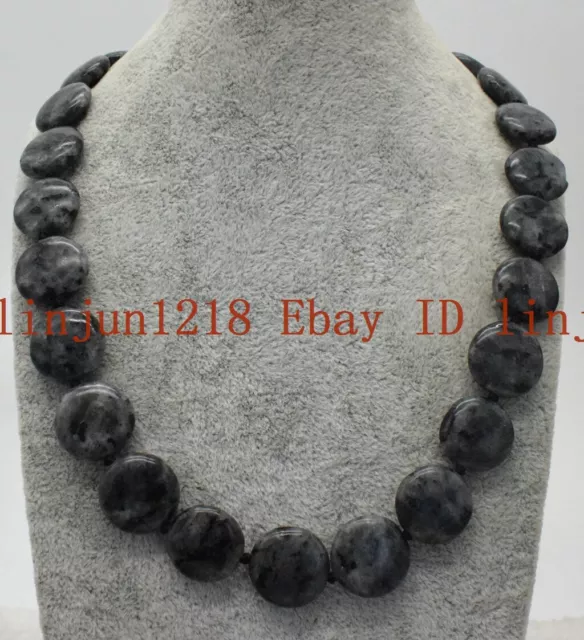 RARE HUGE 16MM Black Labradorite Gemstone Coin Beads Necklace 18'' AAA ...