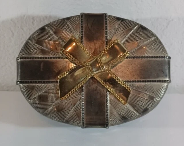 Godinger Silver Art Co Ltd LRG Lined OVAL Keepsake Jewelry Trinket Box Gold Bow