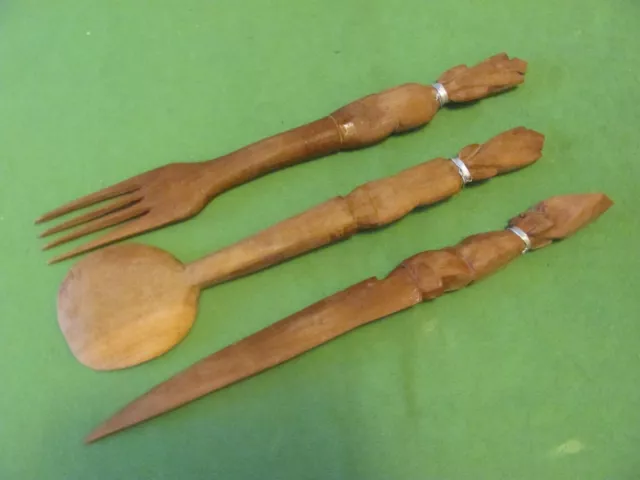 Vintage Wooden Hand Carved Utensils Knife, Fork & Spoon. Made in Kenya. 3