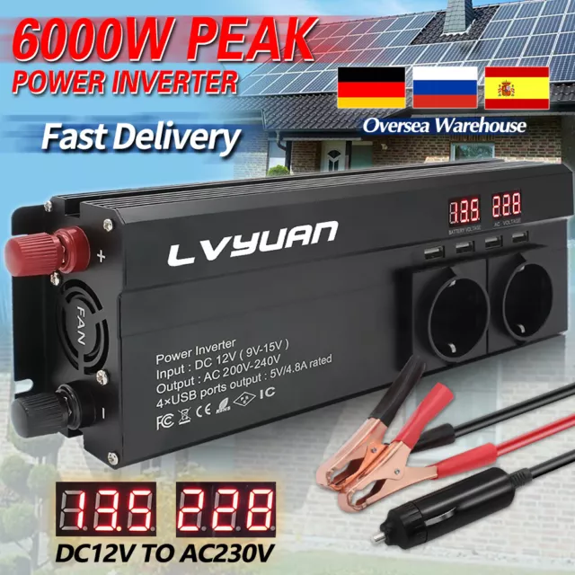 6000W Peak 1000W Spannungswandler DC 12V auf AC 230V Wechselrichter 4USB 3AC