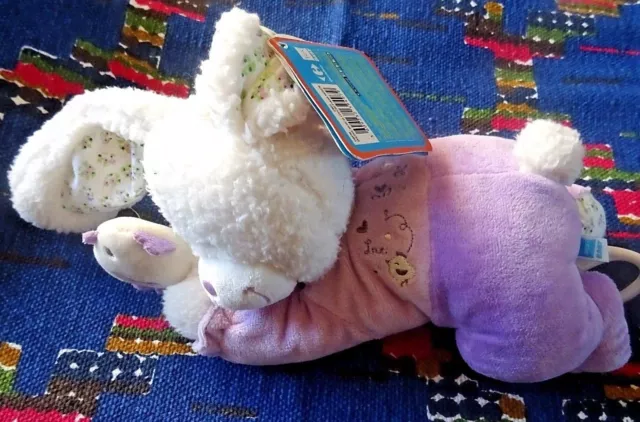 An/ Doudou Peluche Musicale Tex  Lapin Parme Violet Blanc Oiseau Love   Neuf
