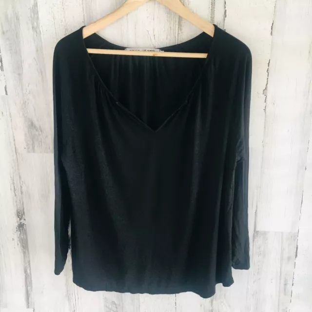 NWOT $78 Michael Stars Split Neck Knit Top Tee Black Long Sleeve 2330 OS