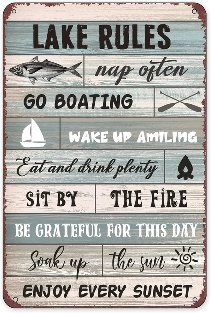 Lake Rules Decor, Country Lake House Decor for Farmhouse, Cabin, Beach, Bar, Alu
