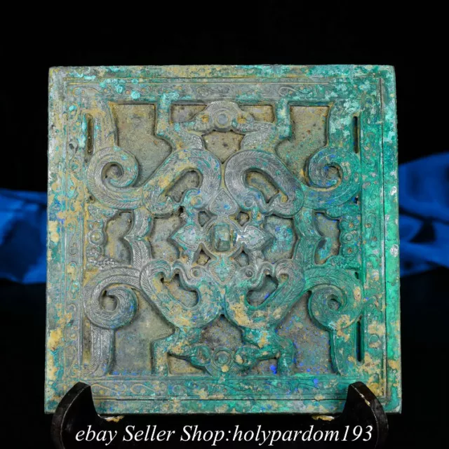 5.6" Old Chinese Bronze Silver Dynasty Dragon Square Copper Mirror Statue