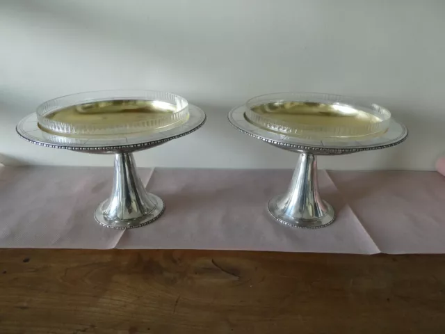 Paire Coupes Hautes Metal Argente Coupelle En Cristal Art Deco