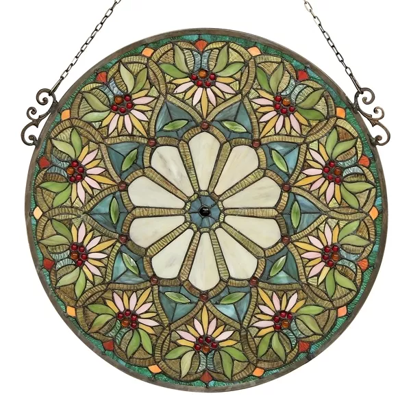 Window Panel Tiffany Style Cut Stained Glass Summer Floral Design 23.4" Round