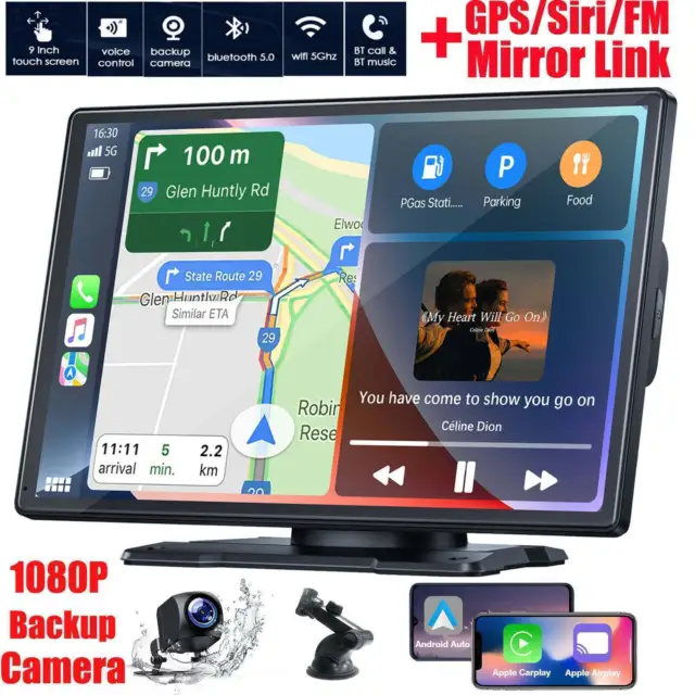 9"Zoll Tragbares Autoradio Wireless Apple CarPlay& Android Auto GPS+1080P Kamera