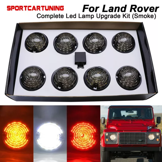 8x Smoked Complete LED Light Upgrade Kits Lamp For 1983-2016 Land Rover Defender