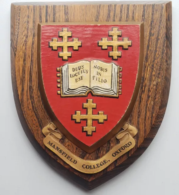 Mansfield College Oxford University wooden shield Coat of Arms Latin motto VGC