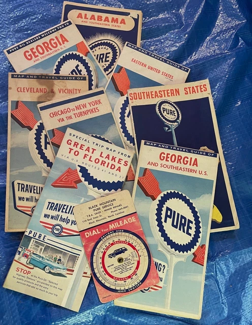 Set of 9 Vintage Automotive Travel Maps - 8 PURE Oil  + 1 Gulf Map