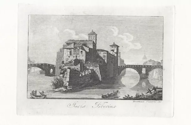 ISOLA TIBERINA,   di Cuccioni , incisione su rame, circa 1840+ passepartout