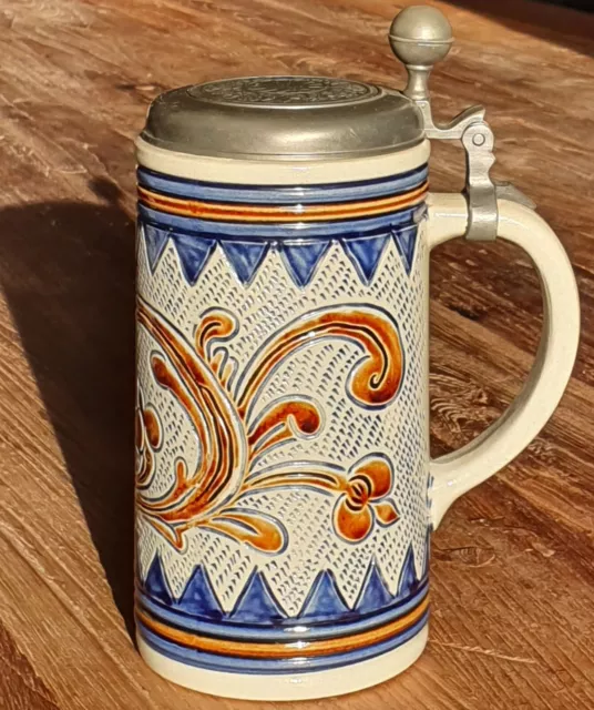 Steinzeug-Bierkrug mit Zinndeckel, vintage, von GERZ/GERZIT - ca. 1 L. -