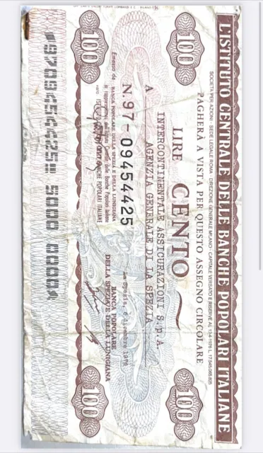 miniassegno istituto centrale delle banche popolari italiane cento lire 1977