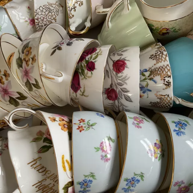 Vintage Mismatched Bone China DUOs  Cups And Saucers X 6 Mad Hatter Tea Party 3