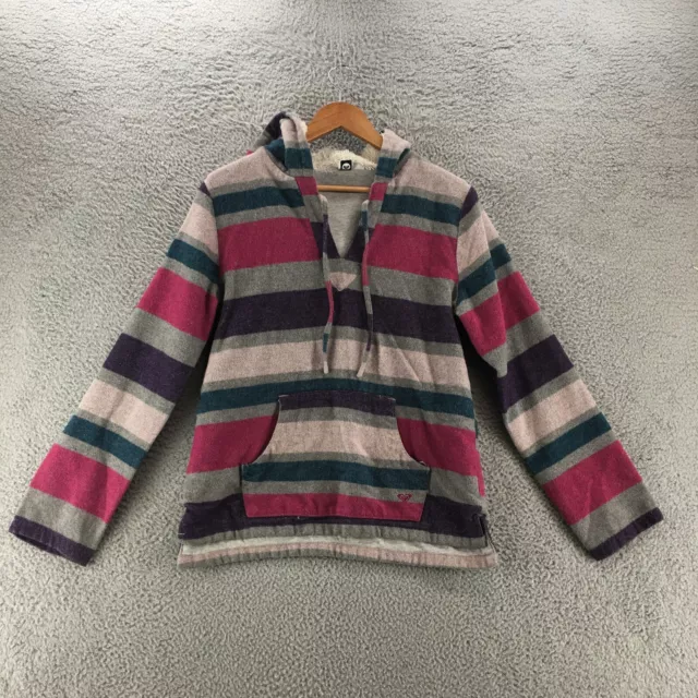 Roxy Sherpa Lined Pullover Sweatshirt Womens M Multicolor Hooded Striped V Neck