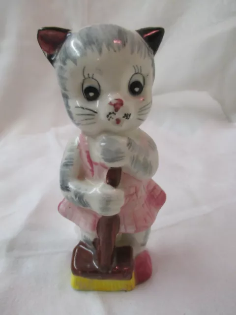 Vintage ceramic Lady Cat Figurine with Broom