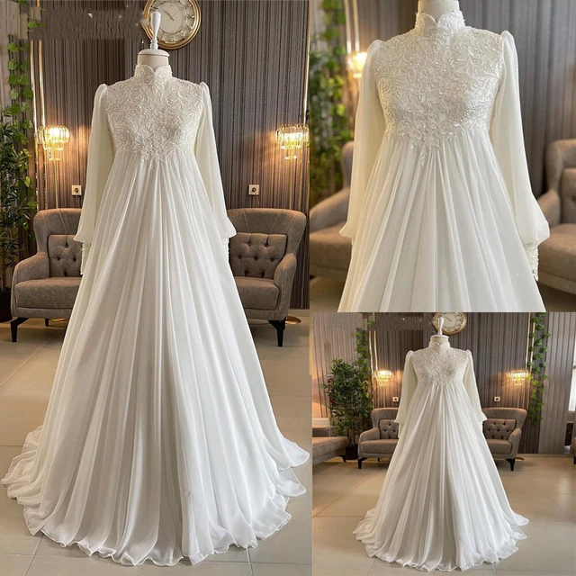 Plus Size Muslim Wedding Dresses Halter Neck Chiffon Lanter Sleeves Bridal Gowns