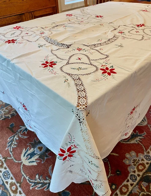 VTG Round Handstitched Tablecloth Cotton 80"acros Embr XStitch Appliqué Crochet
