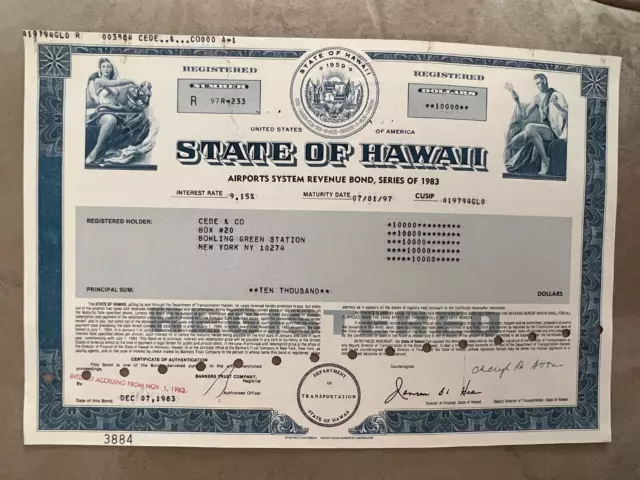 HAWAII: $10000 Airport Revenue Bond certificate 1983 stock size bond