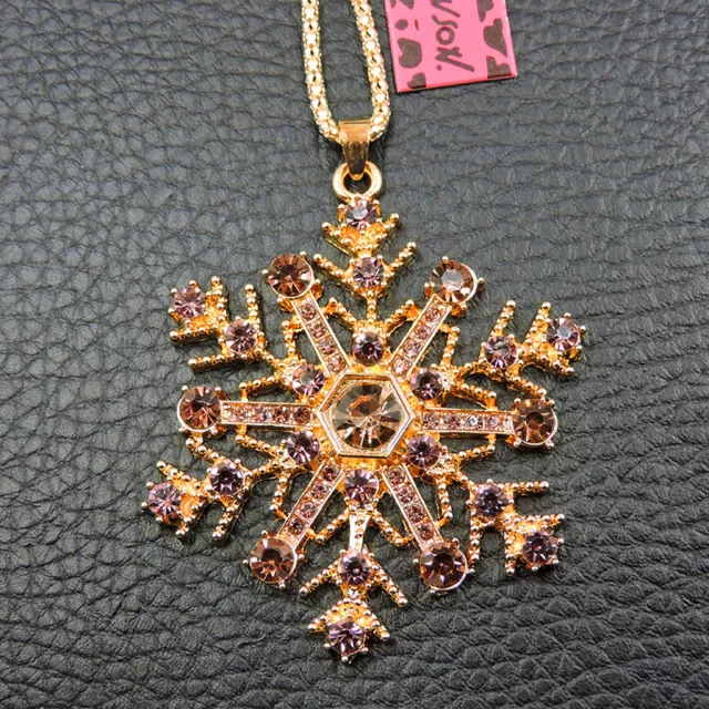 Betsey Johnson Pink Bling Snowflake Rhinestone Crystal Pendant Chain Necklace