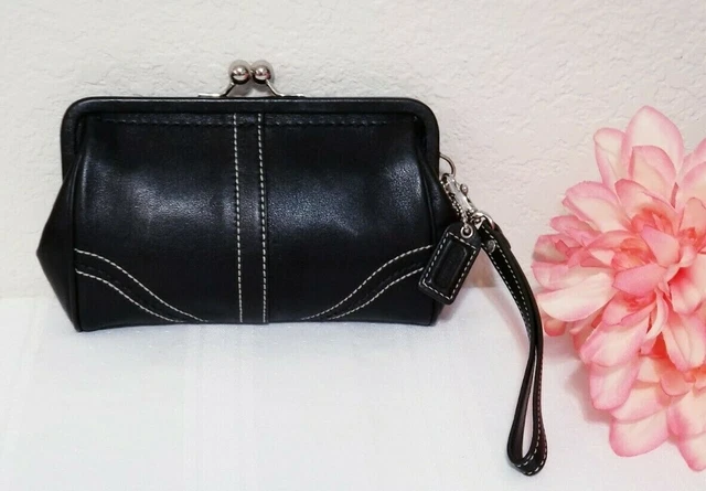 COACH SOHO VINTAGE French Kiss Lock BLACK LEATHER Framed COIN PURSE CLUTCH WRIST
