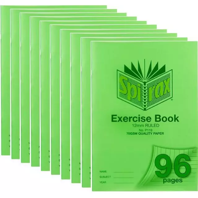 NEW Spirax P119 Exercise Book Ruled 12mm 70Gsm 96 Page A4 Green 10 Pack