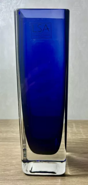 LSA International Cobalt Blue, Clear Art Glass Vase 8"x2 3/8" Square Poland, Tag