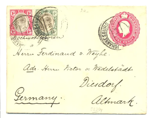 South Africa- Transvaal 1903 Uprated Ps Cover To Germany --F/Vf