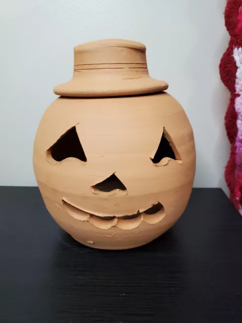 HTF Vintage 10" Hewell Pottery Terra Cotta Smiling Pumpkin w/ Hat Gillsville GA