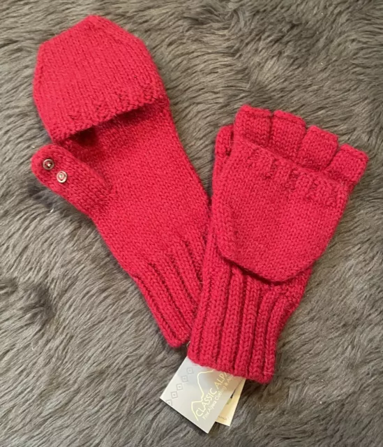 Classic Alpaca 100% Cable Knit Glittens Gloves Mittens Red Medium M NWT New