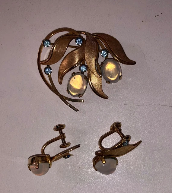 Vintage VAN DELL 1/20 12k GF Moonstone Rhinestone Floral Brooch Pin Earring Set